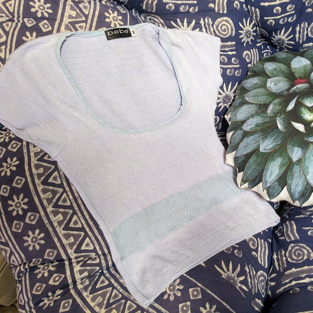 Vintage Y2K bebe Powder-Blue Cap Sleeve Peek-a-boo Sweater - Picture 3 of 13